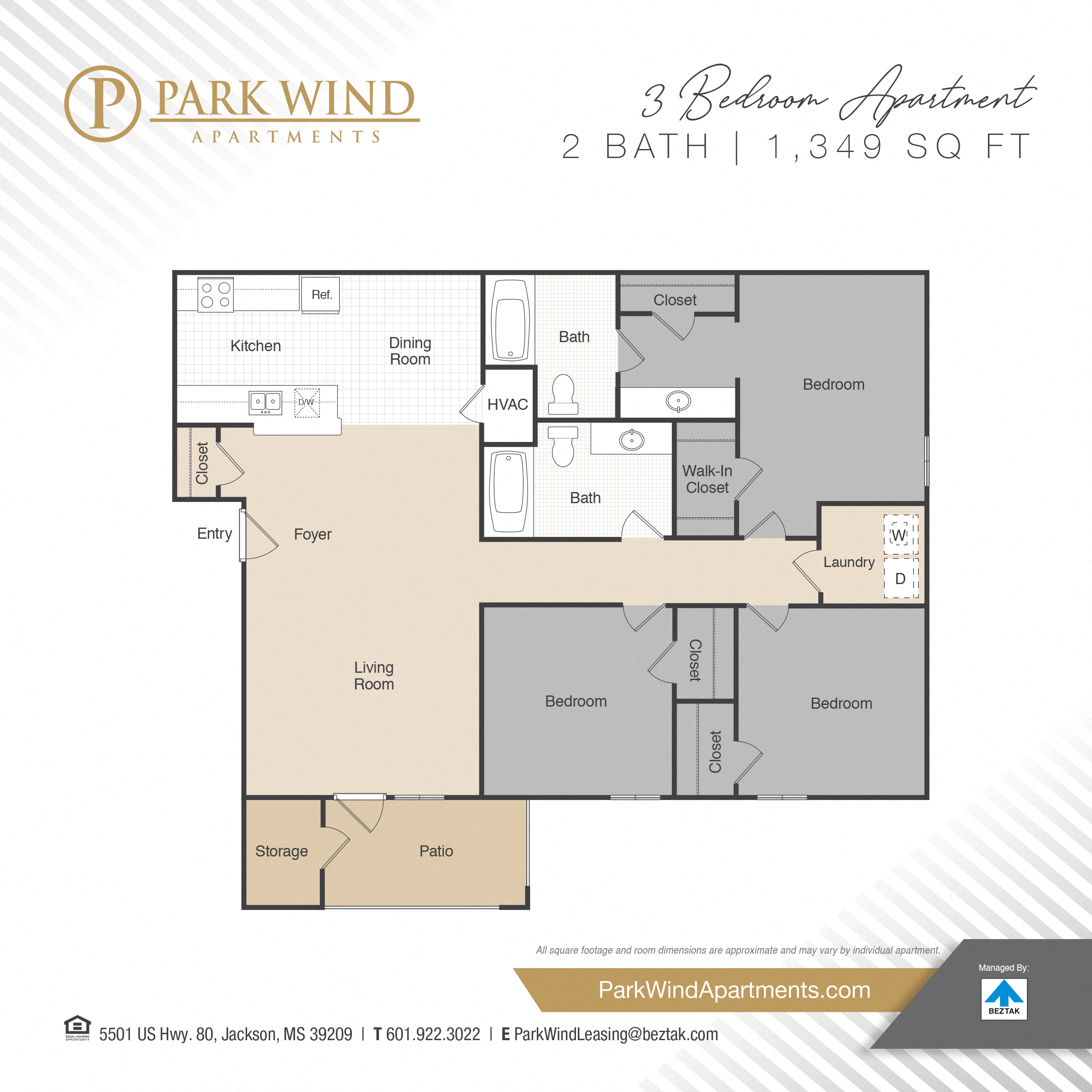 Floor plan for 3 beds, 2 baths, 1349 sqft